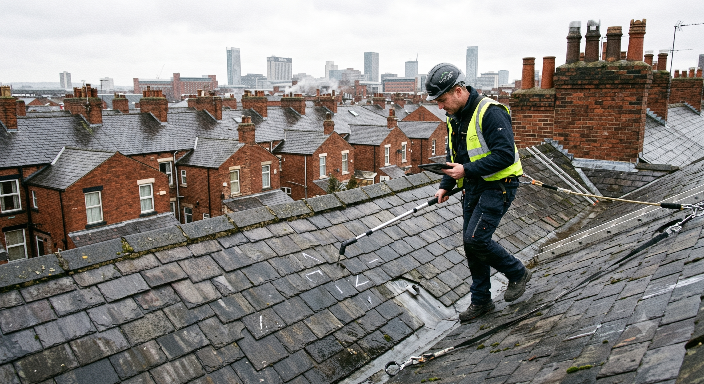 Roofer repairing a damaged tiled roof on a residential building in Leicestershire